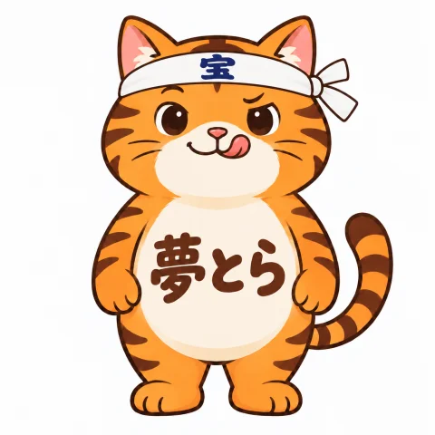 「宝」の鉢巻きでいたずらっぽく笑う夢とらくん